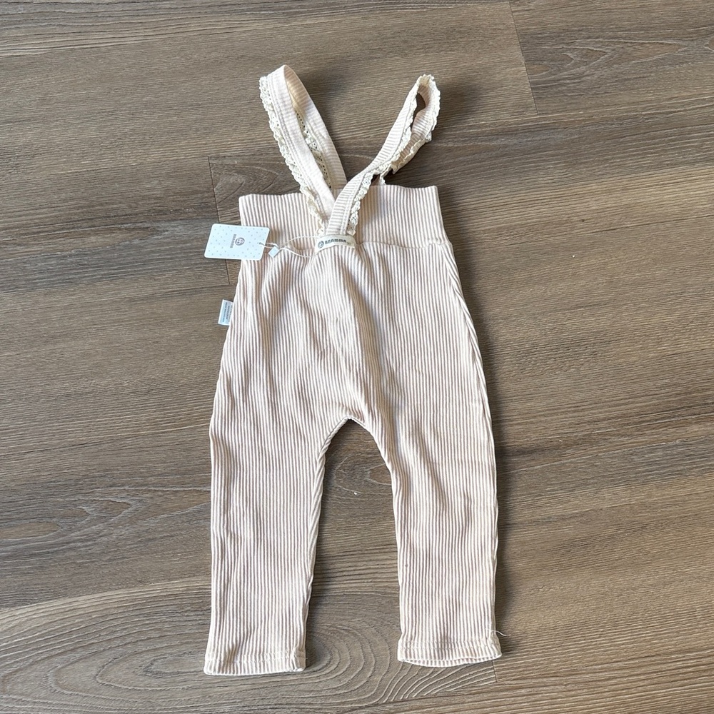 NWT Beige baby girl cotton ribbed lace trim pants with suspenders